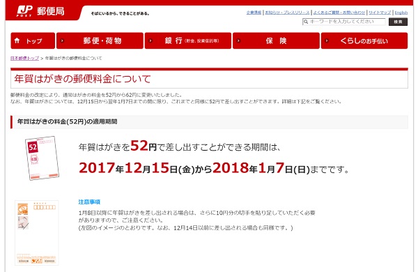 12月15日から1月7日までは、通常のはがきより10円安い52円で出すことができる（日本郵便公式サイトより）