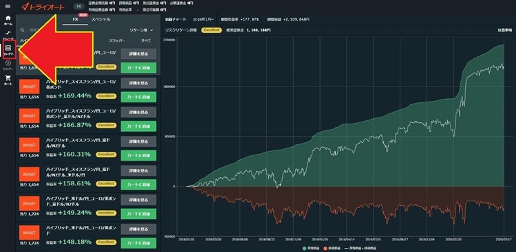「トライオートFX」の画面から「自動売買セレクト」を開く