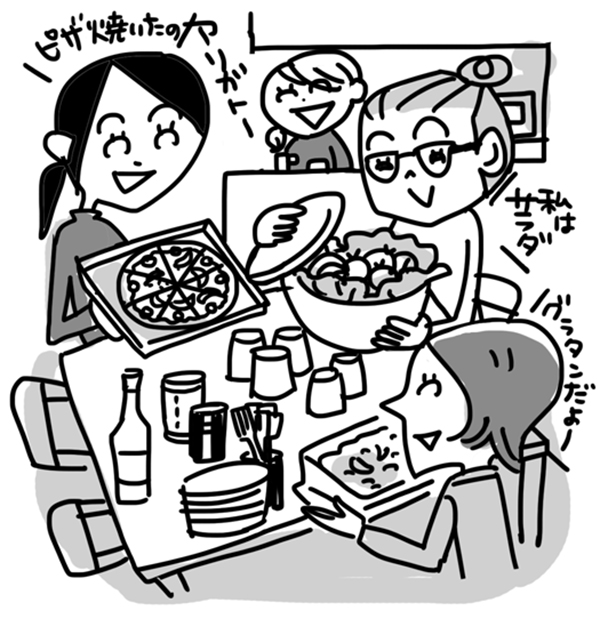 1品持ち寄りの家飲みが安上がり（イラスト：朝倉千夏）