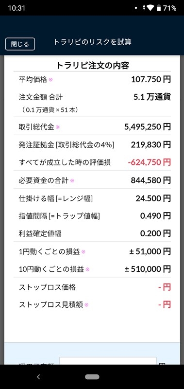 スマホアプリでトラリピ注文のリスクをチェック