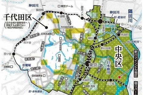 首都地震危険マップ【千代田区・中央区】皇居より東はほぼ埋立地