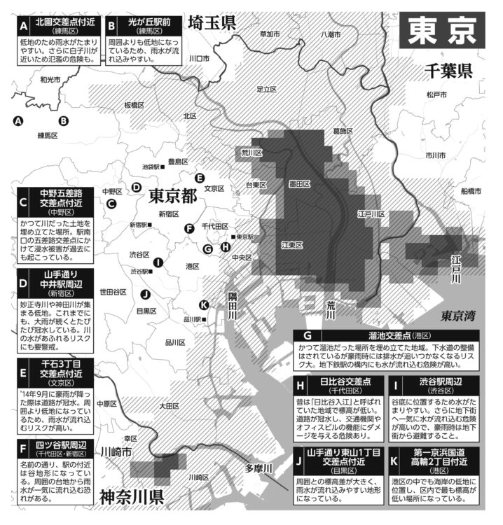 東京の浸水危険度マップ（東京大学・早稲田大学の発表による。2005年9月の「杉並豪雨」を想定し、1時間に50mmを超える雨が2時間半にわたって降ったとき、浸水が1mを超える地点を抽出）