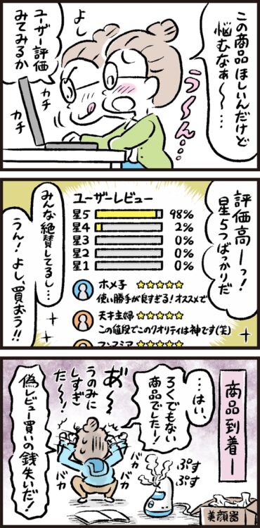 A子さんの「偽レビュー」被害実例（イラスト／ニシノアポロ）