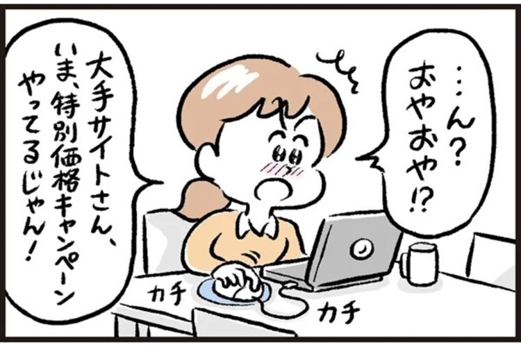 専業主婦A子さんの「偽サイト」被害実例（イラスト／ニシノアポロ）