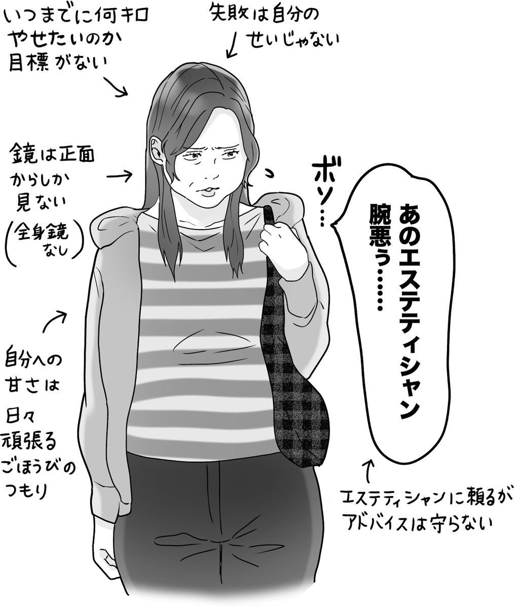 エステに通ってもやせられない人の典型例は？（イラスト／つぼゆり）