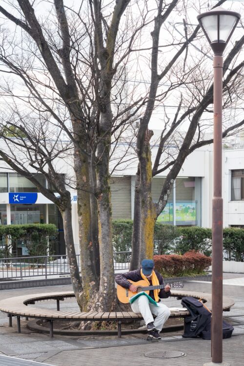 2021年3月　諏訪地区の広場で男性がギターを弾いていた。多摩ニュータウンの公園は歩行者と車両の通行を明確に分けて整備され、子どもも高齢者も安心して出歩けるフリースペースが充実している