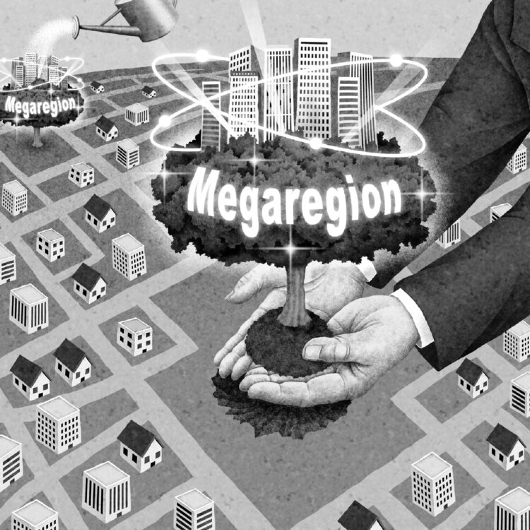 大都市とその周辺都市で構成される新しい経済活動単位のことを「メガリージョン」という（イラスト／井川泰年）