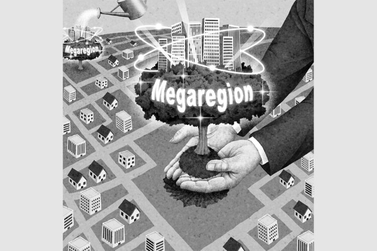 大都市とその周辺都市で構成される新しい経済活動単位のことを「メガリージョン」という（イラスト／井川泰年）