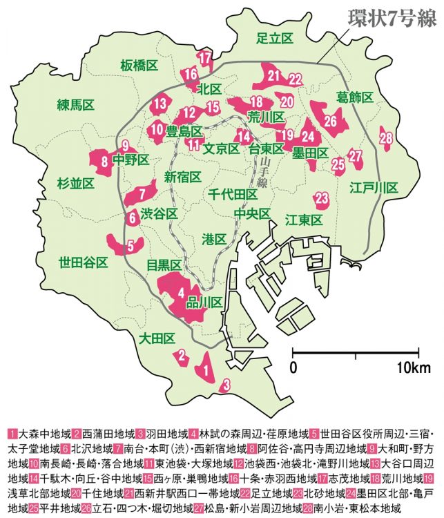 木造家屋“密集地域”は環状7号線の内側に広がる