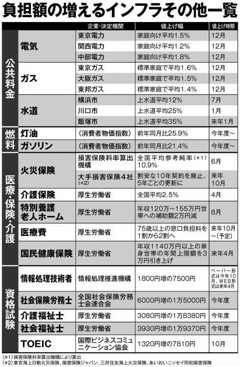 公共料金、燃料、医療などでも負担増