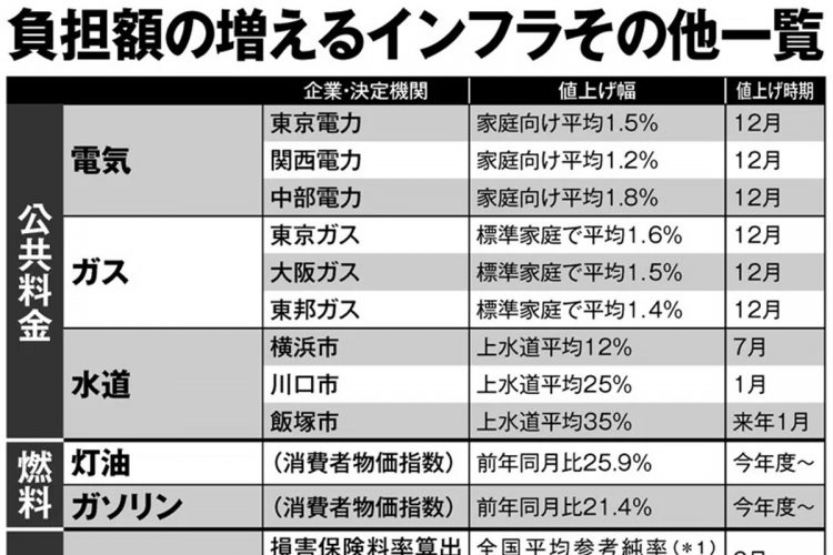 公共料金、燃料、医療などでも負担増