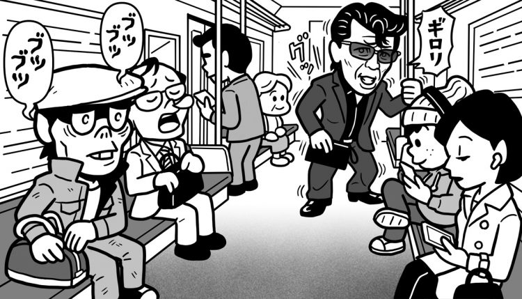 警察官時代のクセもあり、電車内でも常に警戒している（イラスト／友利琢也）