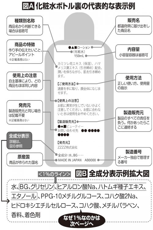 化粧品ボトル裏の代表的な表示例