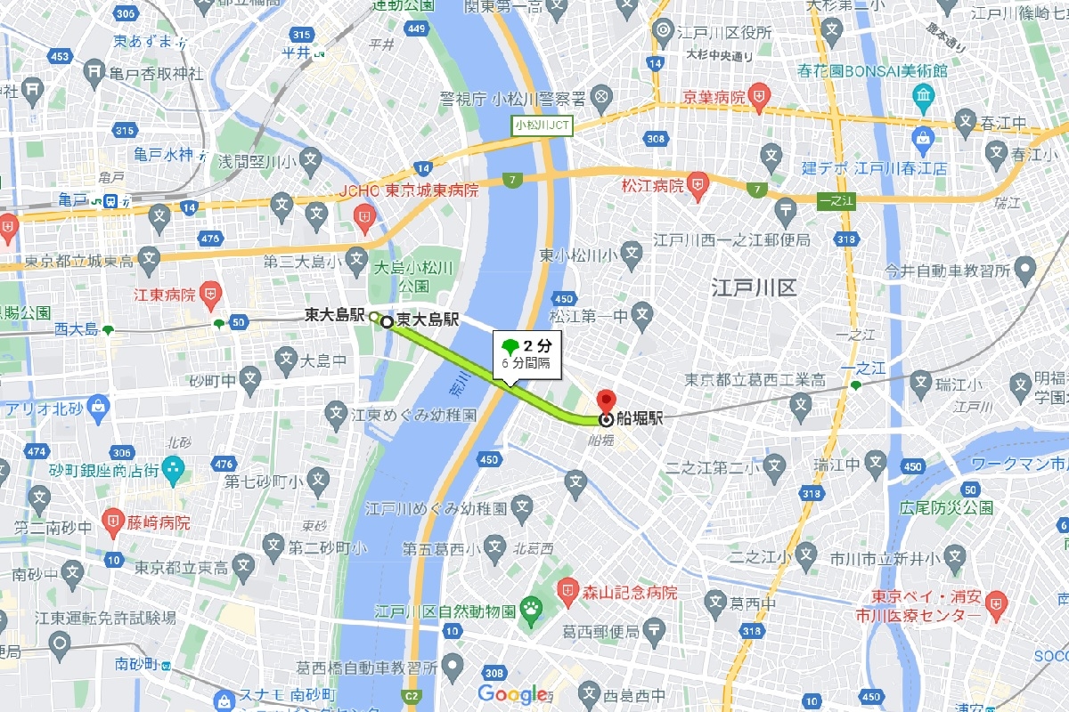 川を越えるだけで家賃相場はかなり安くなる（Google Mapより）