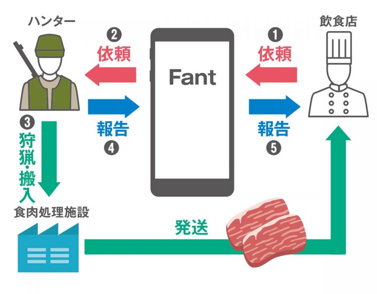 ジビエ肉を求める飲食店とハンターをつなぐFantの仲介事業の仕組み。報酬を事前に提示するため、ハンターも飲食店も納得できる価格で取引ができる