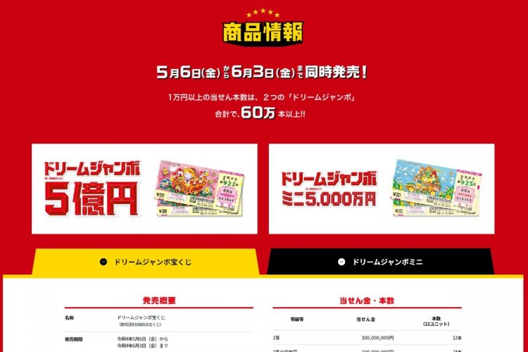 5月6日から発売される「ドリームジャンボ宝くじ」をどう楽しむか（宝くじ公式サイトより）