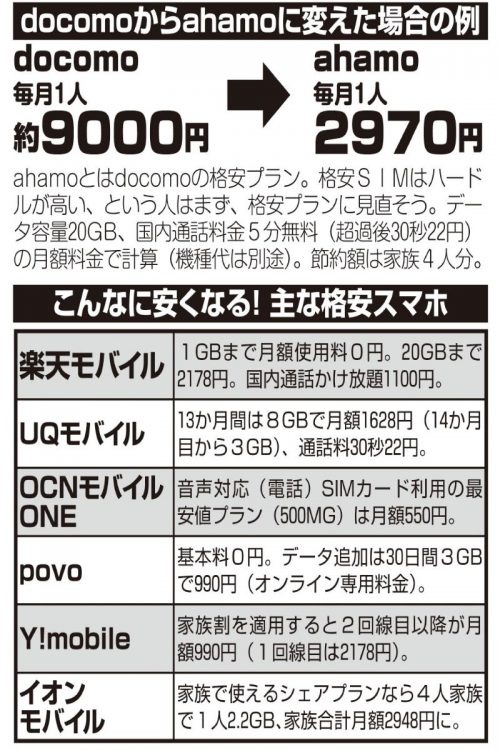 docomoからahamoに変えた場合の例、主な格安スマホの費用感