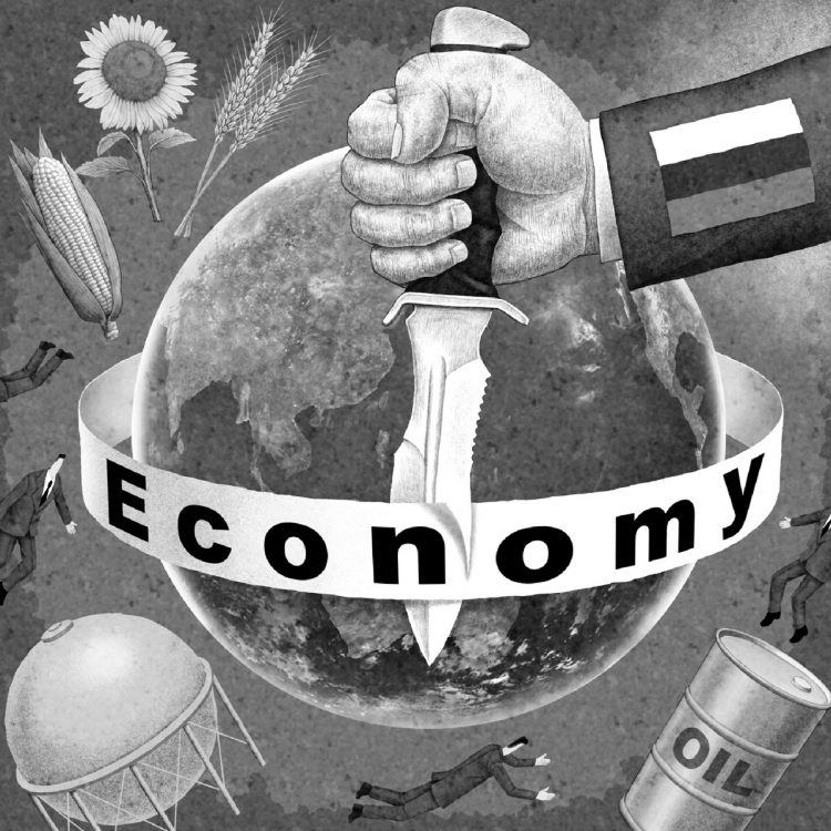 ウクライナの国土荒廃やロシアに対する経済制裁は、これから長期にわたって世界経済に悪影響を及ぼすと予想される（イラスト／井川泰年）