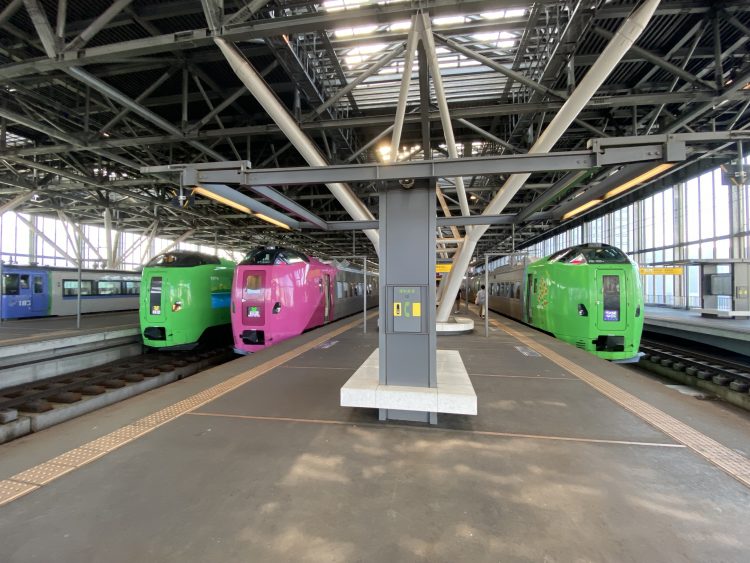 旭川駅に集結した特急列車。JR北海道では6日間特急乗り放題で1万2000円だ