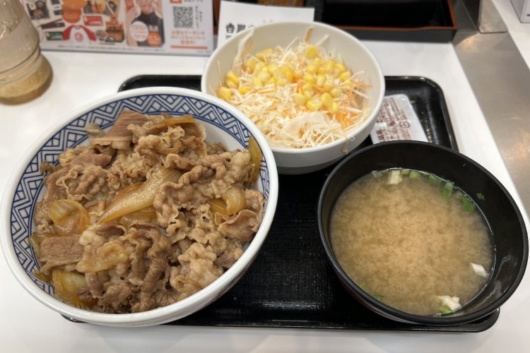 吉野家の牛丼並盛とサラダセット（195円）で、合わせて643円