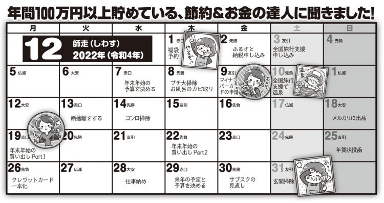 年間100万円以上貯めている節約＆お金の達人に聞いた「12月中に実践しておきたいこと」（イラスト／TOKUDOME）