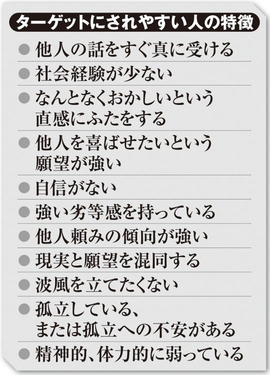 当てはまる項目が多いほど、新興宗教の勧誘ターゲットにされやすい（監修／精神科医の片田珠美さん）