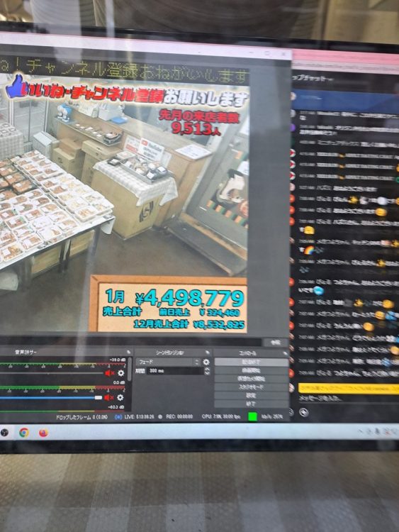 通りからも見えるモニターにはYouTubeのライブ映像が映る。毎日増える月間売り上げを見える化しているのは、視聴時間を少しでも延ばすため