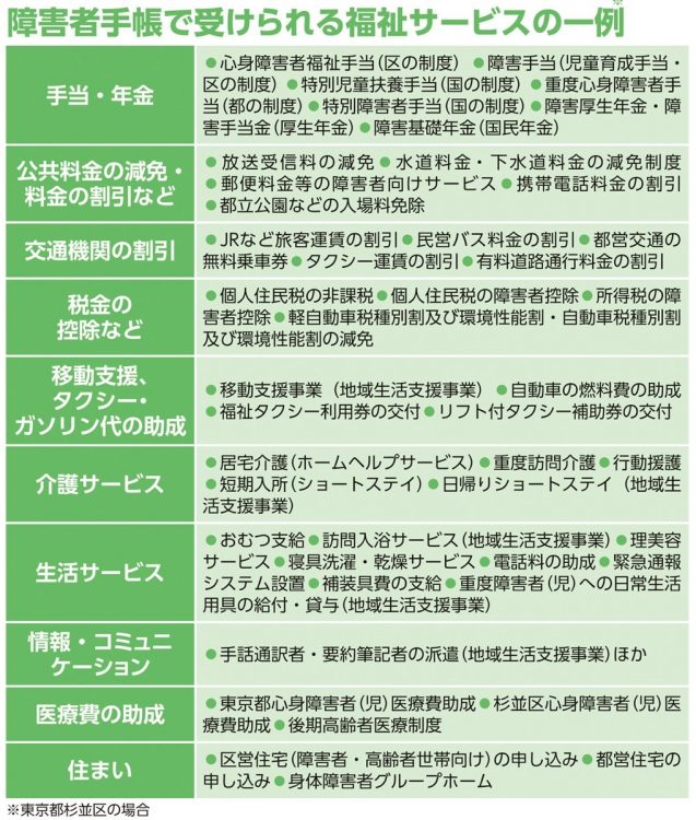 障害者手帳で受けられる福祉サービスの一例