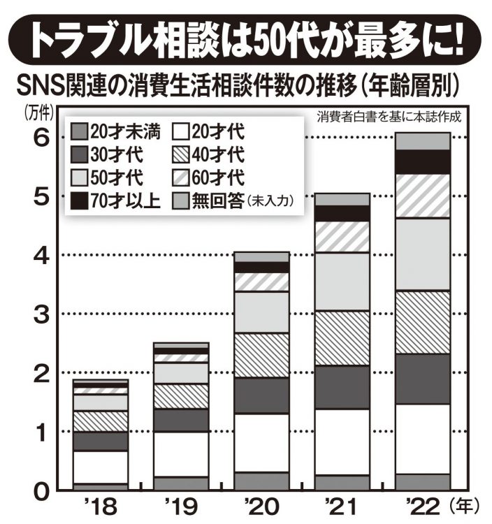 SNS関連の消費生活相談件数の推移（年齢層別）