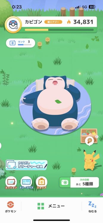 『ポケモンスリープ』では、睡眠データを計測してカビゴンを育てる（同画面より）