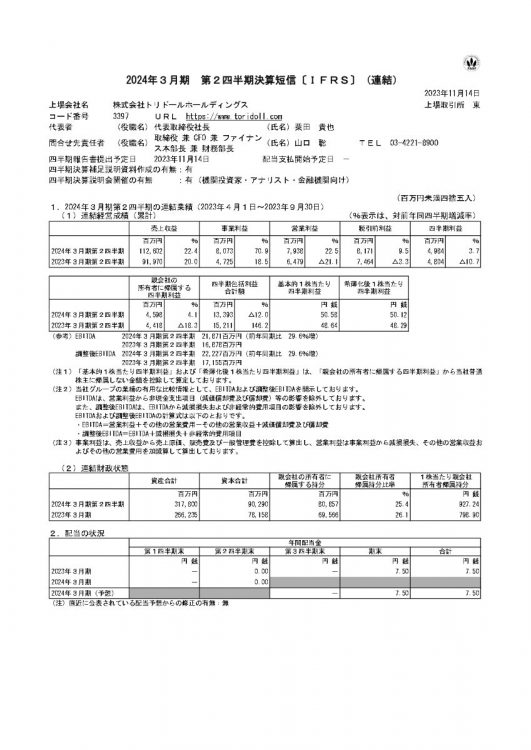 トリドールホールディングス2024年3月期第2四半期決算短信より