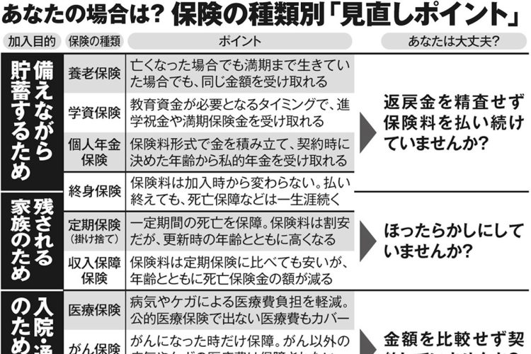 終身保険、定期保険、医療保険、個人年金保険…保険の種類別「見直しポイント」