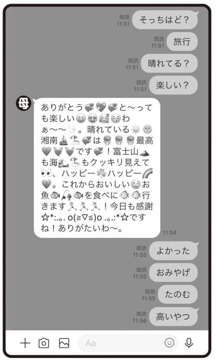 【おばさん構文例（6）】絵文字で盛りがち：絵文字ってこんなに種類があるのね……。画面にかわいいが大渋滞