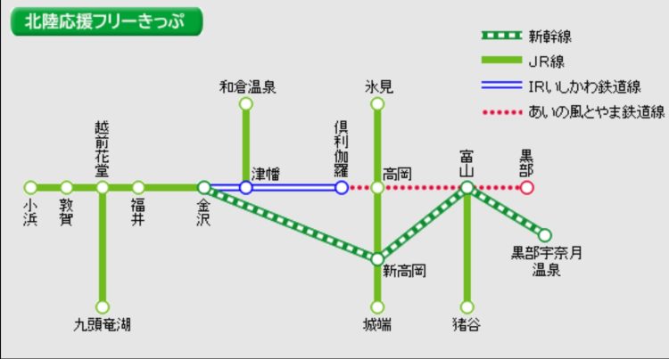 この北陸フリーエリア内では、新幹線を含む特急列車の普通車自由席が4日間乗り降り自由