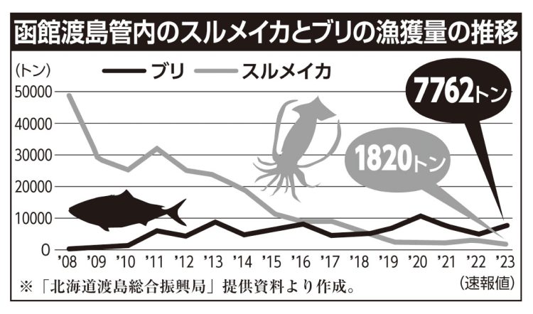 函館渡島管内のスルメイカとブリの漁獲量の推移