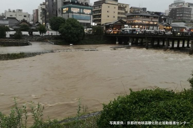 気候が激甚化し豪雨が増えると日本の川は洪水リスクが増す（豪雨で増水した京都・鴨川。写真提供：京都府地球温暖化防止活動推進センター）