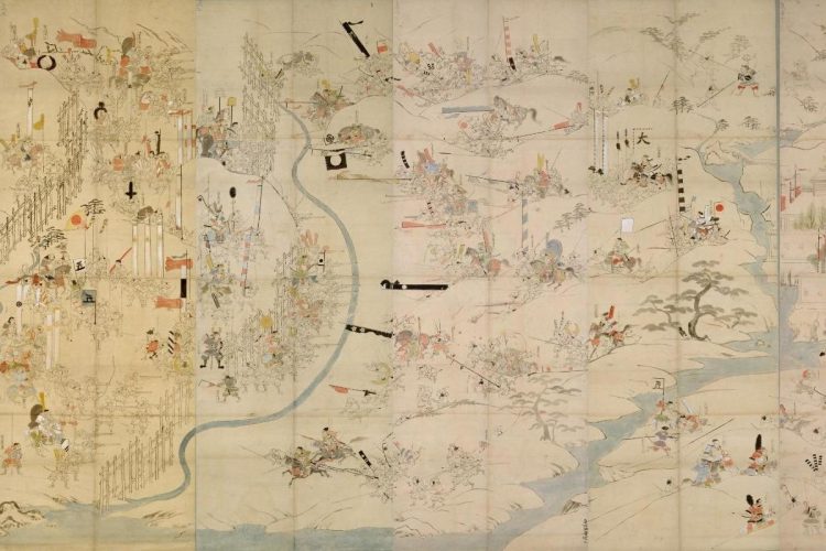 織田・徳川連合軍は鉄砲を用いた戦術で武田軍を圧倒した（東京国立博物館所蔵「長篠合戦図屏風（模本）」　出典：ColBase　https://colbase.nich.go.jp）