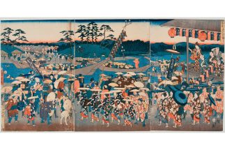 江戸時代の伊勢参りの様子を描いた歌川広重「伊勢参宮 宮川の渡し」