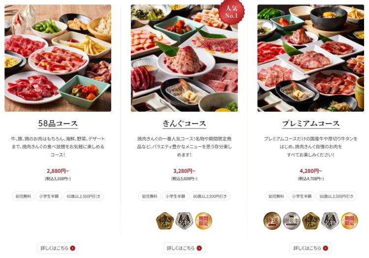焼肉きんぐの食べ放題コース