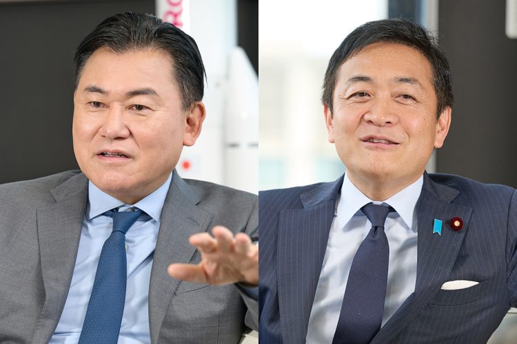 コメ不足への政府の対応をふたりはどう評価しているのか(左から楽天・三木谷浩史社長、国民民主・玉木雄一郎代表)