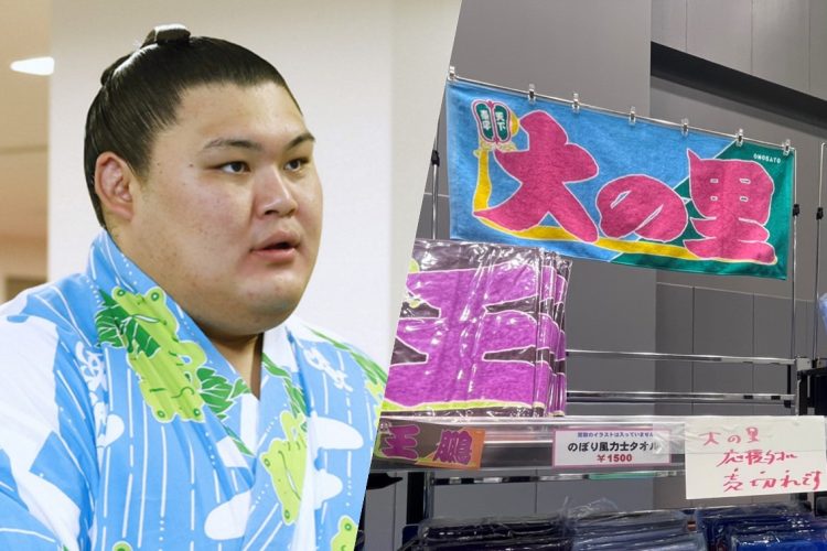 大の里に人気が集中(右はタオルが品切れとなった棚)