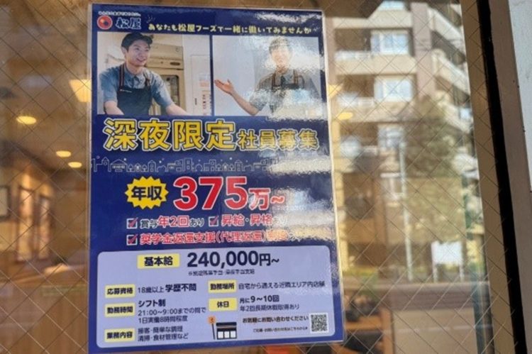 実際に松屋店舗の店頭に貼られている深夜限定社員の求人