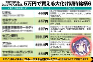 《資産2億円超・なのなのさんが厳選した6銘柄》5万円で買える！配当利回りとPERをチェックして抽出　親子上場解消のTOBによる上昇期待の銘柄も