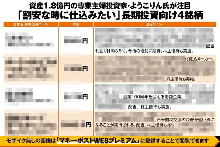 資産1.8億円の専業主婦投資家・ようこりん氏が注目「割安な時に仕込みたい」長期投資向け4銘柄