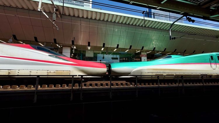 秋田新幹線（左）の列車と東北新幹線の列車の併結運転。東京駅にて筆者撮影