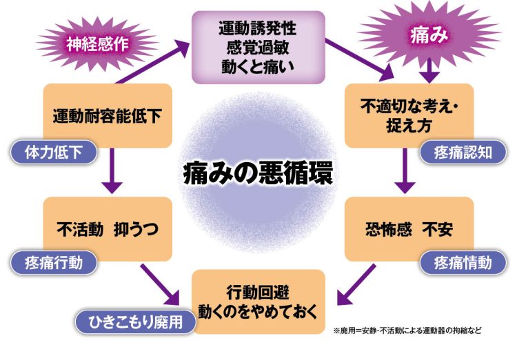 痛みが慢性化すると、身体的・心理的な影響から行動が変化して社会生活に支障をきたす