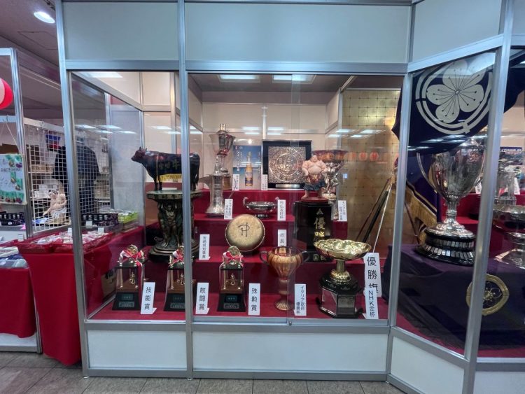 九州場所会場にもトロフィーなどが展示されている