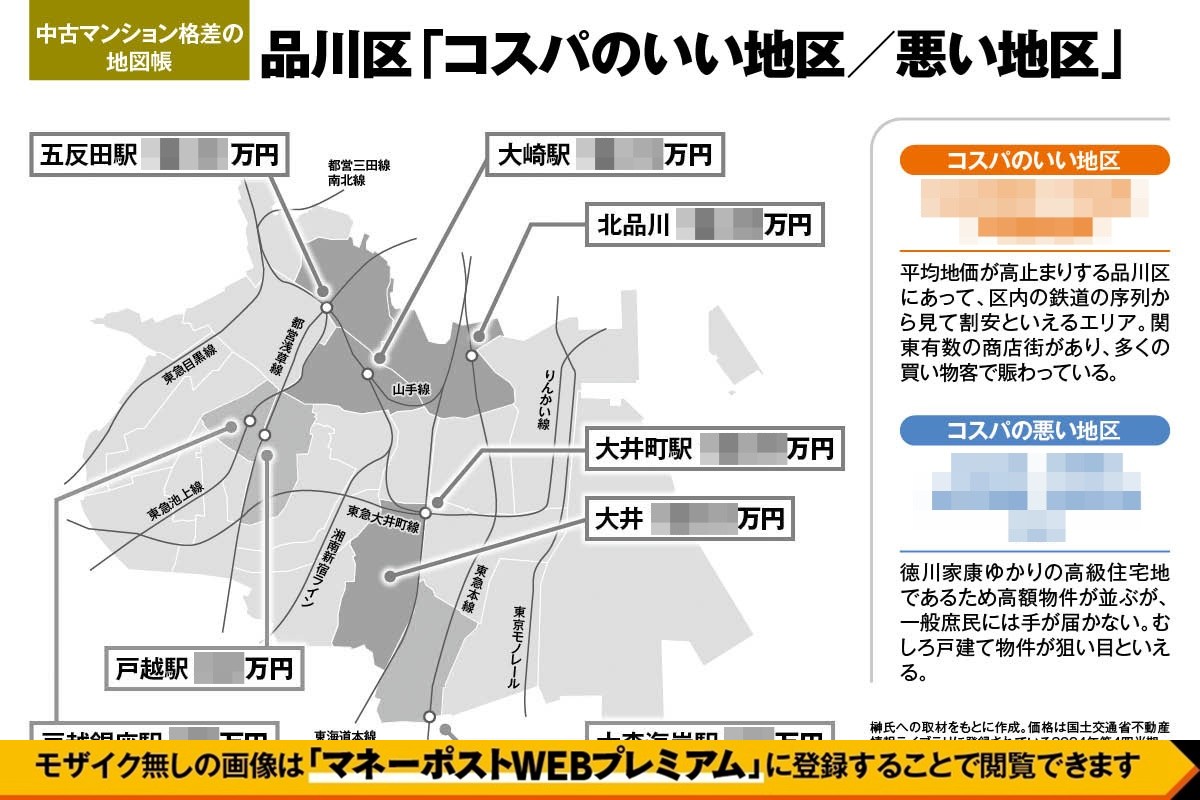 品川区の中古マンション格差の地図。榊氏への取材をもとに作成