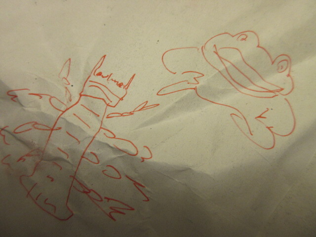 筆者がタイの屋台でシャコとカエルを食べたくて店員向けに描いた絵