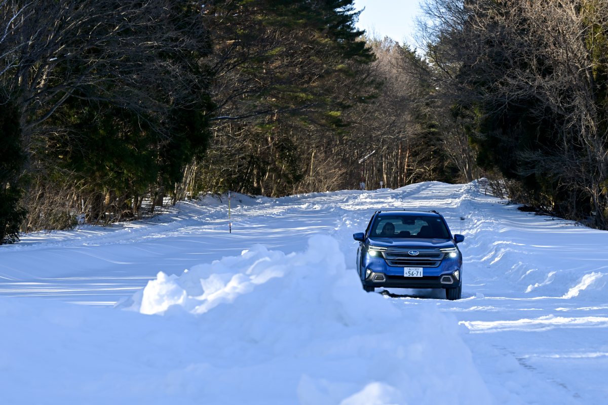 轍や凍結路がめまぐるしく入れ替わるコースをモーター駆動のトルクを生かしながら走るハイブリッドの「S:HEV」